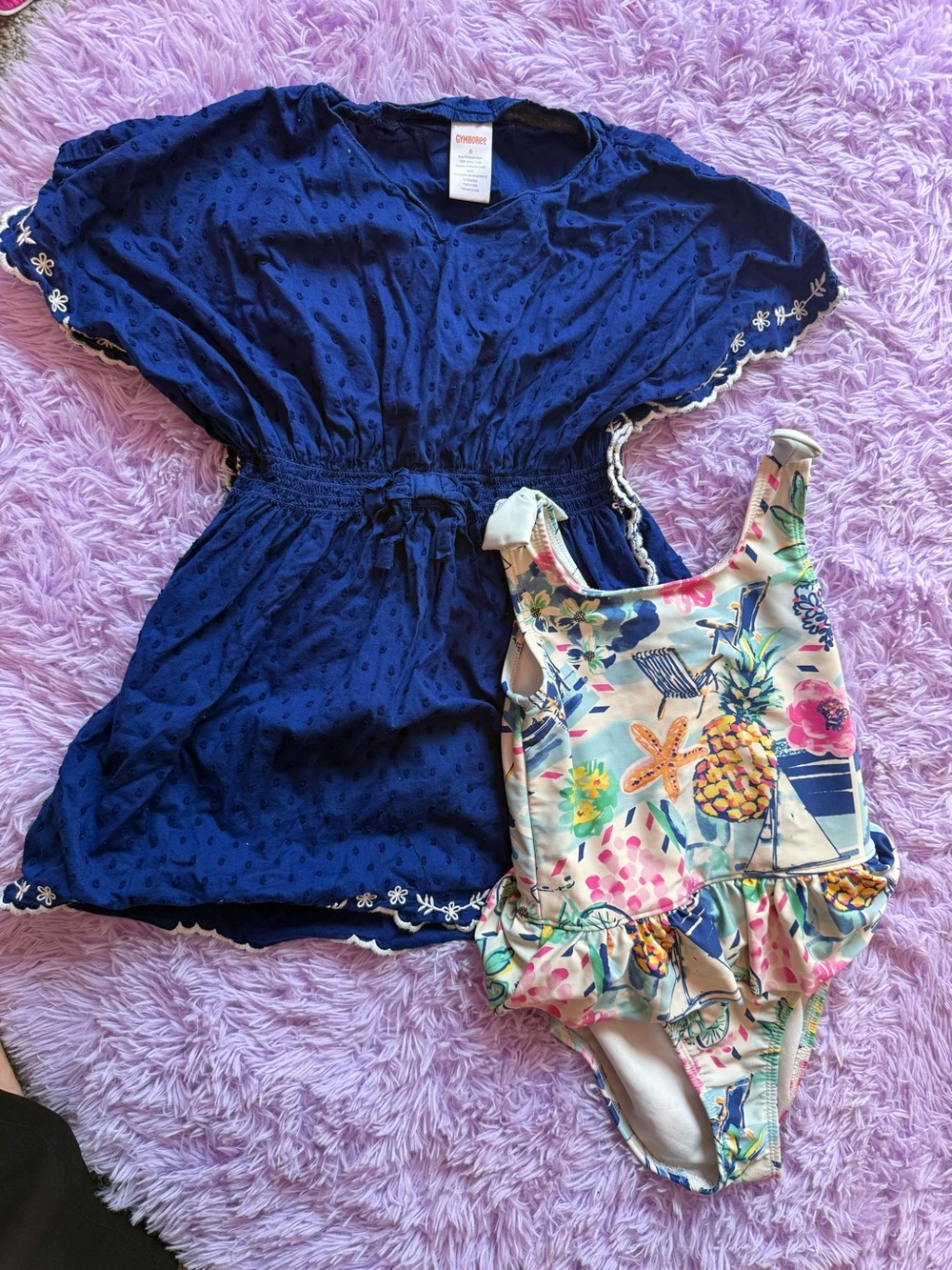 Gymboree Navy Blue Swim Cover-Up with Floral-Trim & Tropical Print Swimsuit